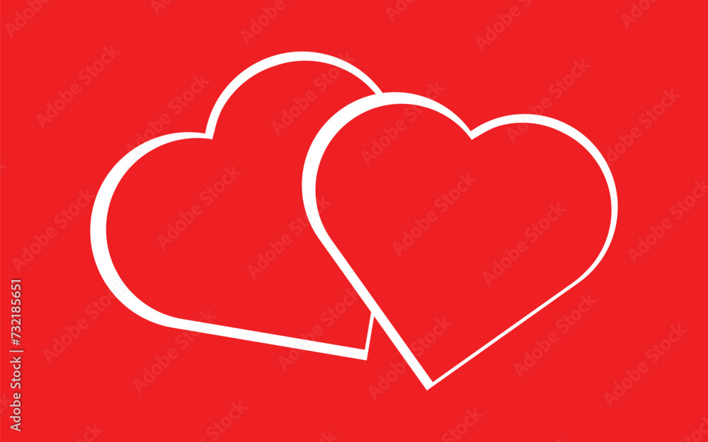 Two white  overlapping hearts on red background - Vector Illustration. Two hearts, abstract background, the concept of Valentine's Day