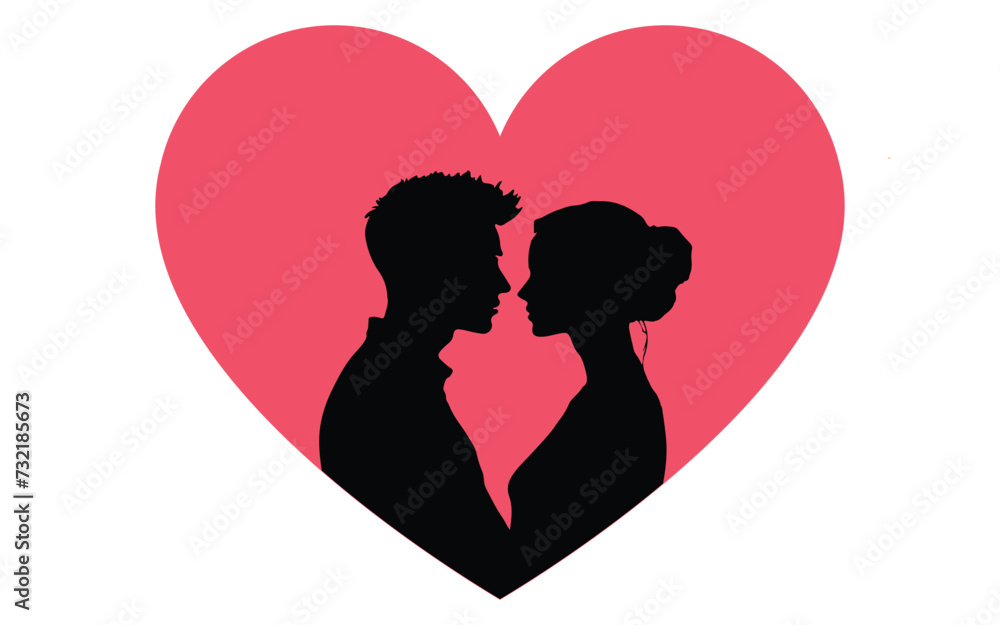 Couple Silhouettes In Heart Shape Icon Isolated. Valentine's Day with pink Love Vector silhouette.