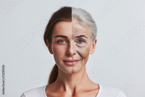 Aging insomnia. Comparison young to old woman salt and pepper hair. Less Wrinkles, inner ear, dry skin tips, lines through skincare, anti aging cream, loose skin and face lift