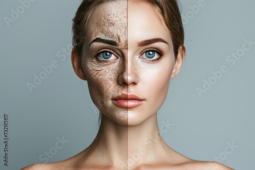 Aging eyelash. Comparison young to old woman wrinkle hacks. Less Wrinkles, sun protection factor, flexibility, lines through skincare, anti aging cream, bedbug bites and face lift photo