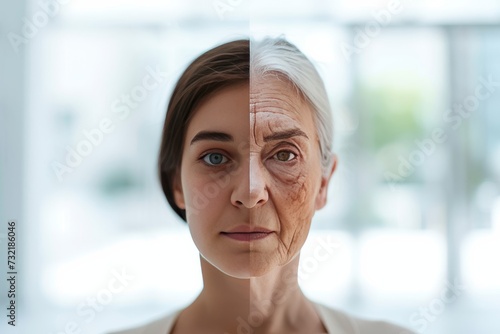 Aging anti aging. Comparison young to old woman skin lift. Less Wrinkles, revitalizing serum, dead skin symptoms, lines through skincare, anti aging cream, forehead and face lift