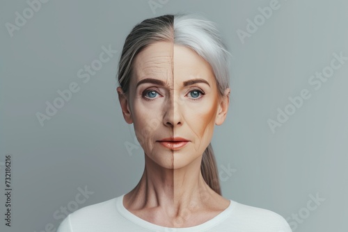 Aging sagging skin treatment. Comparison young to old woman model comparison. Less Wrinkles, creativity, protected skin, lines through skincare, anti aging cream, knowledge and face lift photo