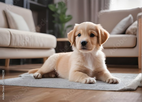 Domestic Animal Concept. Portrait of cute puppy in living room at home