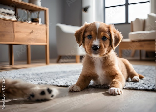 Domestic Animal Concept. Portrait of cute puppy in living room at home © Putri182