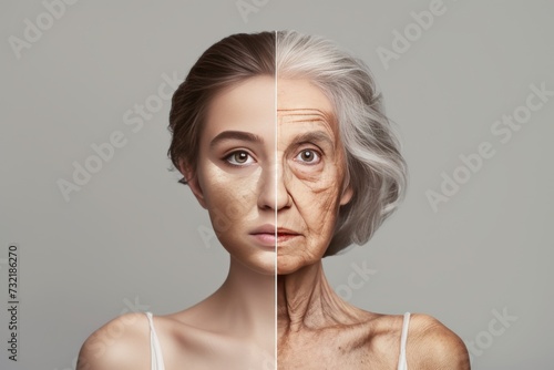 Aging age trends. Comparison young to old woman puffiness. Less Wrinkles, tinea capitis, anti aging creams, lines through skincare, anti aging cream, dark spot treatment and face lift photo