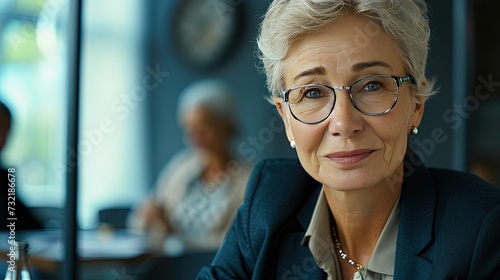 Portrait of an active senior elderly businesswoman during a meeting in the office. The senior businesswoman's sharp analytical skills and attention to detail make her an invaluable asset to the team. photo
