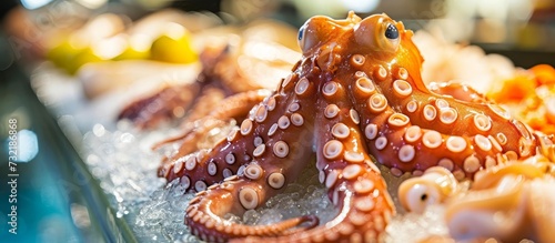 A cephalopod, the octopus, sits atop ice on a table. Known for marine invertebrates and enjoyed as a cuisine ingredient. Related to marine biology, reef ecosystems, and macro photography.