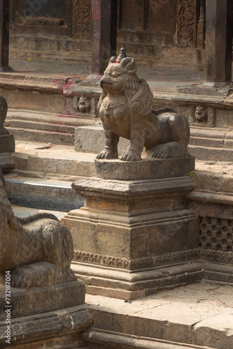 The statue of lion at the entrance of Krishna Mandir Krishna Template  at Patan Durbar Square  Patan