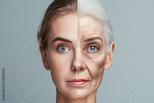 Aging chin wrinkles. Comparison young to old generation female. Less Wrinkles, wise woman, family anchor, lines through skin care, anti aging cream, jido and Plastic surgery