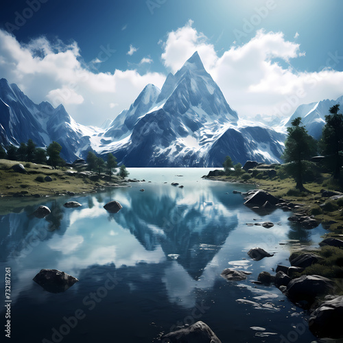 A serene lake surrounded by snow-capped mountains.