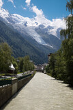 Chamonix - The Mont Blanc over the glacial river and the town.