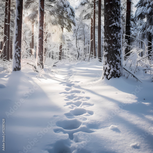 A trail of footprints in the snow leading into a forest
