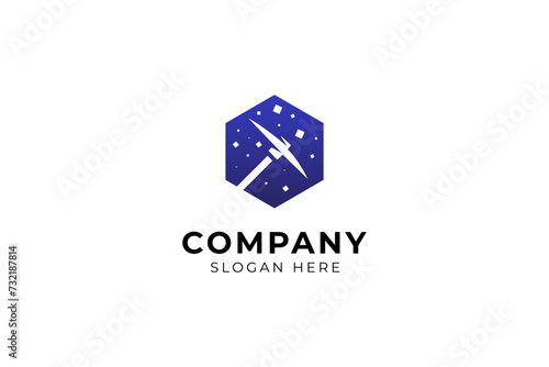 Pickaxe mining logo icon design template flat vector illustration in hexagonal design shape