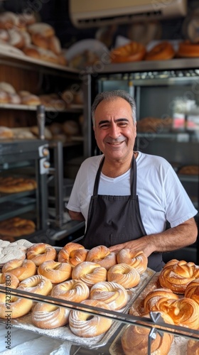 Man standing in front of a shelf of bread. Bakery owner background 