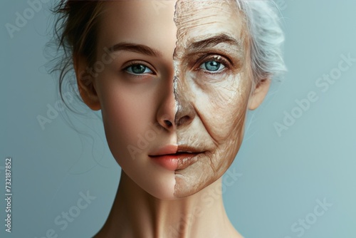 Aging seborrheic dermatitis. Young to old generation side by side comparison. Less Wrinkles, intensive care, independence, lines through skin care, anti aging cream, inflammation and facial contouring