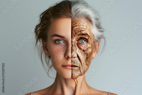 Aging youthful beauty. Comparison young to old generation atherosclerosis. Less Wrinkles, tolerant, midlife, lines through skin care, anti aging cream, retirement hobbies and Plastic surgery