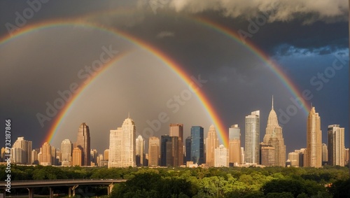 A panoramic cityscape view under the magical glow of a double rainbow following a storm, with skyscrapers reflecting the myriad of colors Generative AI
