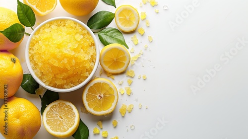Top view of a bowl of lemon scrub with lemons in a white surface with a empty space, Generative AI.