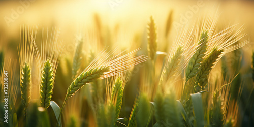 Macro close up of fresh young ears of young green wheat  barley in spring summer field ,A field of wheat with the sun setting behind it, Young Wheat Field Beauty, elective focus shot of some wheat in
 photo