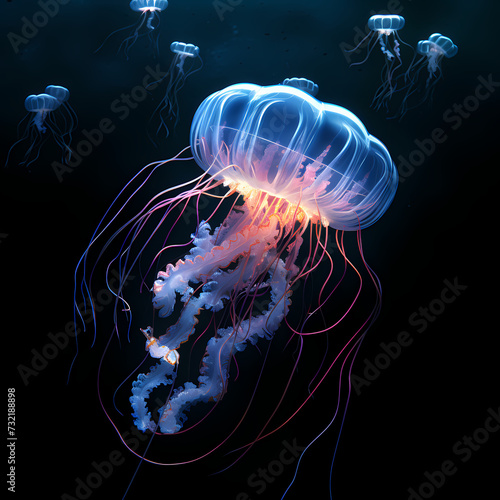 Bioluminescent jellyfish floating in a dark ocean.