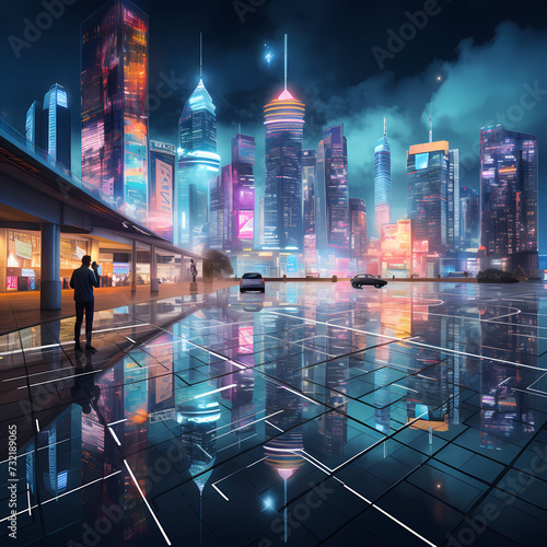 Cityscape at night with holographic advertisements © Cao