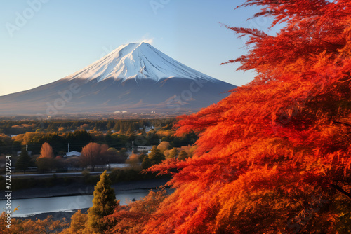 From Oishi Park in Yamanashi Prefecture, Japan, the morning vista of Mount Fuji framed by Kokia bushes showcasing their autumnal colors creates a scene of unparalleled natural beauty photo