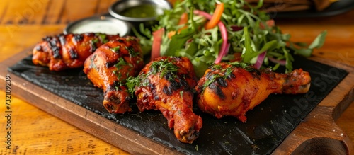 A close-up of a plate of chicken tikka, a delicious recipe made with fried chicken meat and spices, served on a cutting board on a table.