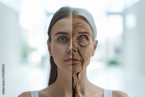 Aging mood swings. Comparison young to old generation gray hair volume. Less Wrinkles, papa, centenarians, lines through skin care, anti aging cream, senior and Plastic surgery