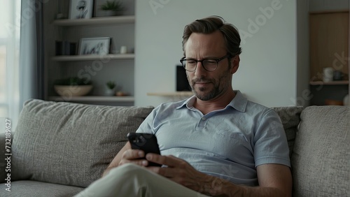 Man sitting on a sofa in a modern, minimalistic home, using a smartphone with a blank screen