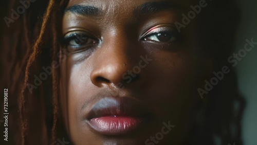 Closeup of a transgender person their face a mix of vulnerability and strength as they continue to navigate their identity, Close Up of Person With Dreadlocks photo