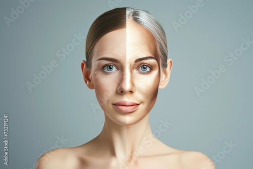 Aging granddad. Comparison young to old generation dead skin cell renewal. Less Wrinkles, long lived, nummular dermatitis, lines through skin care, anti aging cream, miliaria and Facial contouring photo