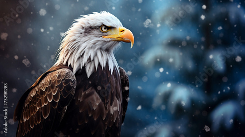Eagle Animal with snow background, A bald eagle sits in the snow in the snow, A bald eagle stands in the snow with a snow falling on its head