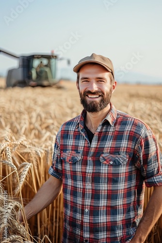 Happy farmer, agronomist proudly standing in a field. Combine harvester driver going to crop rich wheat harvest. A proud agronomist celebrates the successful wheat crop.