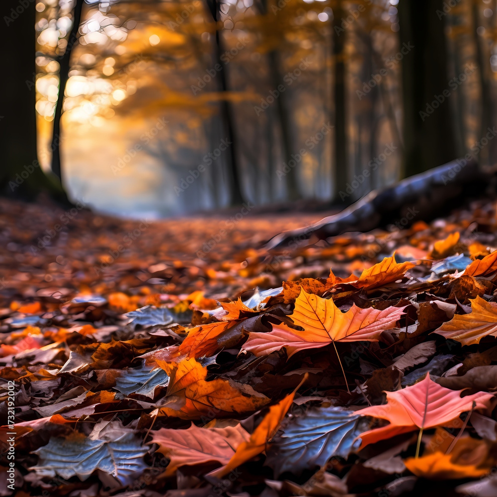 Vibrant autumn leaves on a forest floor. 