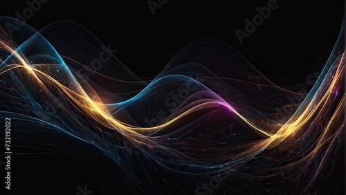 Dynamic, bright light flowing in an abstract wave pattern isolated on a black backdrop. The design aspect of a vector drawing in the context of technology, music, and parties. © Photographer