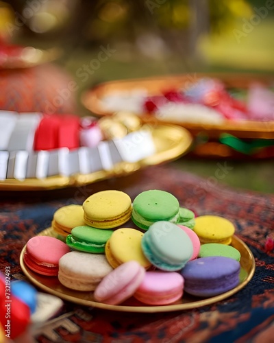 colorful candies in a box.Macaroons on Plate.