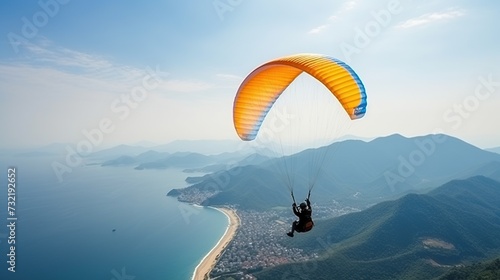 Flying parachutist looking at the beautiful sea nature