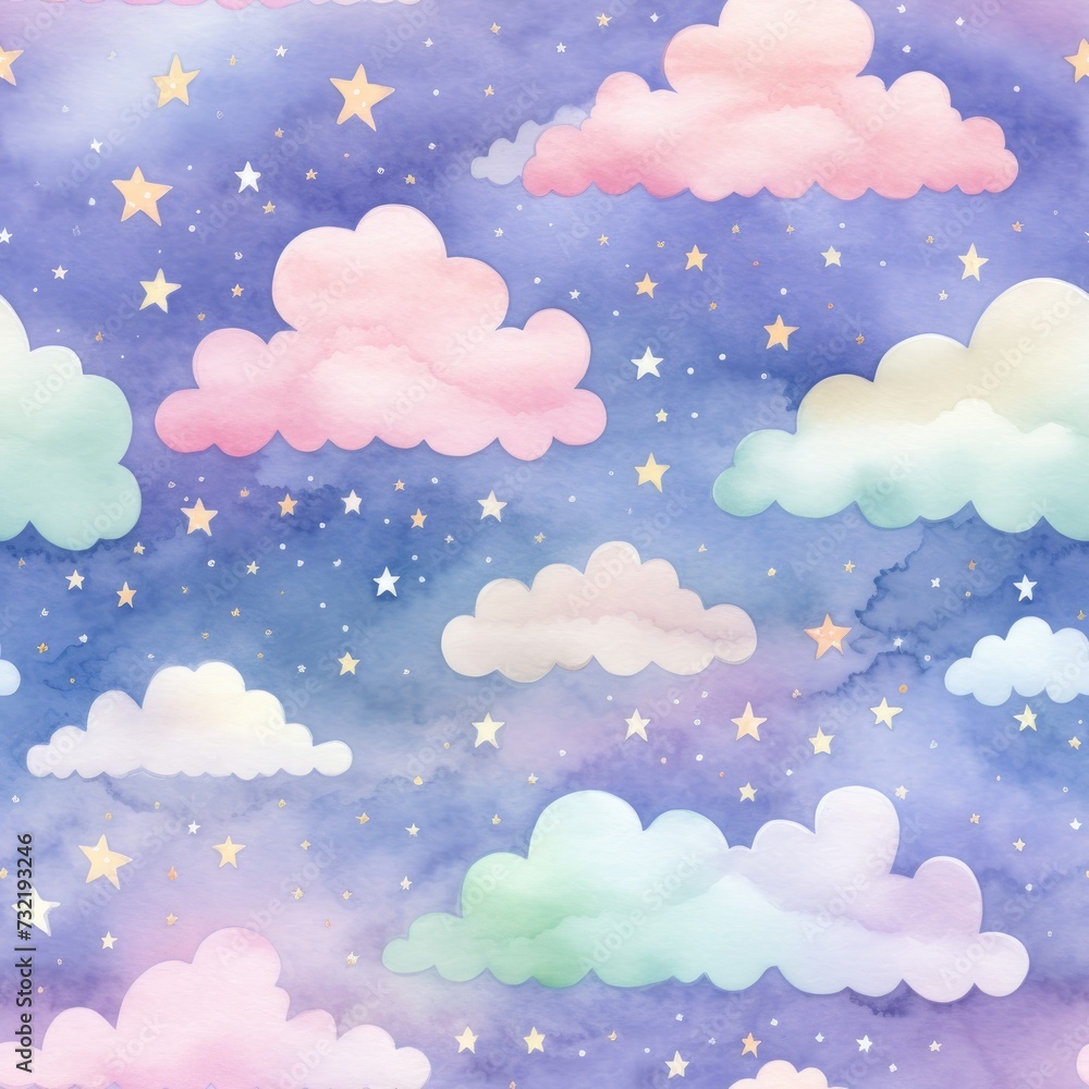 Background from magical fairy-tale gentle rainbow clouds with stars. For design of holiday invitations and cards.