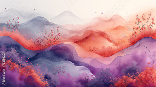 Colorful Mountain Landscape with Blooming Trees and Floating Petals: A Serene Springtime Artwork © Agus Wira