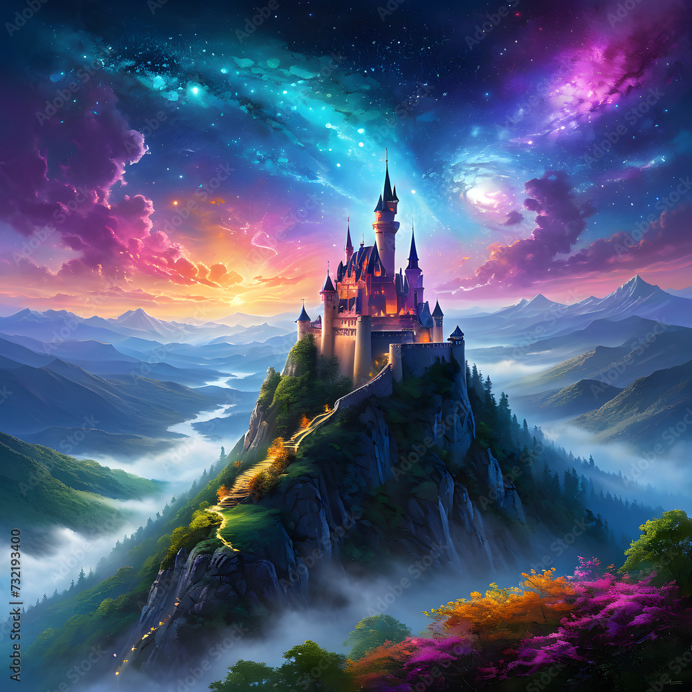 Mystical Castle, Enchantment on the Mountain Peak, castle in the night, castle in the mountains, Generative AI 