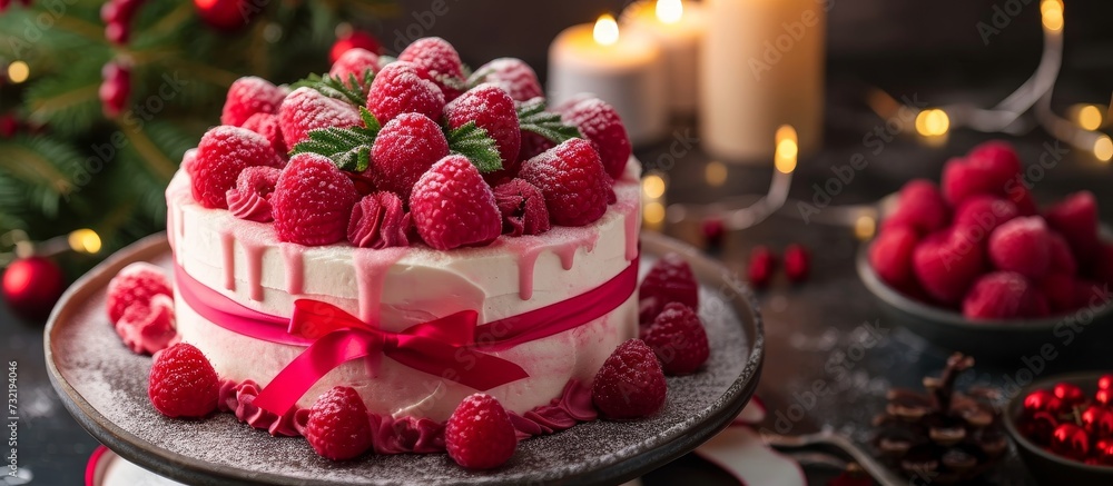 A festive dessert, featuring a homemade Christmas cake decorated with raspberries, tied with a red ribbon, presented on a plate. A festive dessert, featuring a homemade Christmas cake decorated with raspberries, tied with a red ribbon, presented on a plate.