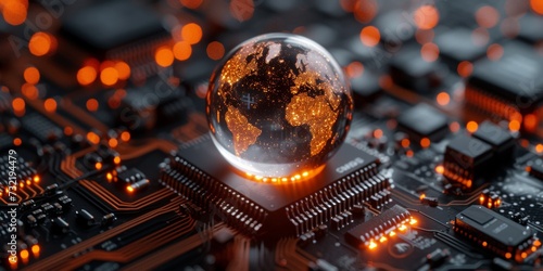 Glowing globe on a circuit board highlighting global connectivity