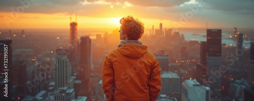 Man contemplating city skyline at sunset, contemplative mood