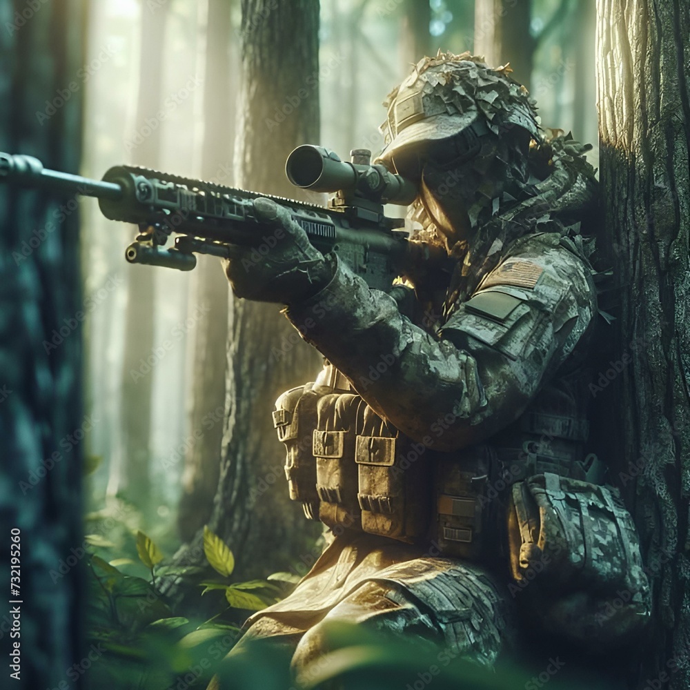 Fototapeta premium soldier with rifle.Special forces soldier with assault rifle in snowy forest.