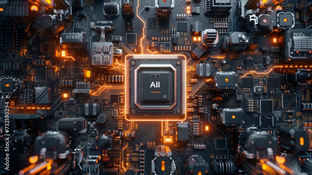 Fototapeta premium AI, artificial intelligence concept CPU digital technology artificial intelligence computer processor board chip Advanced Mobile Microprocessor Connecting Motherboard and Activating the entire System
