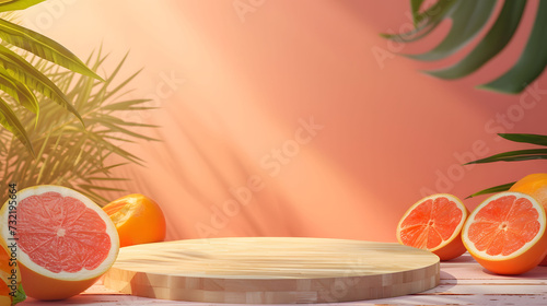 Wooden product display podium on a pastel pink background decorated with oranges and tropical green leaves for displaying natural products, cosmetics, drinks