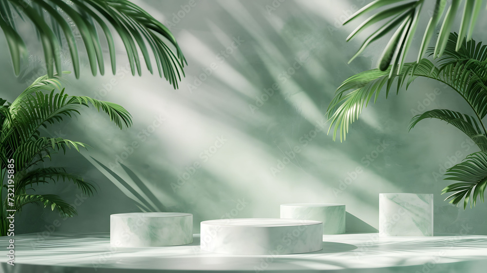 Fototapeta premium White product display podium with natural green leaves and shadows on grey background under summer sunlight, for advertising cosmetics and natural product presentations.
