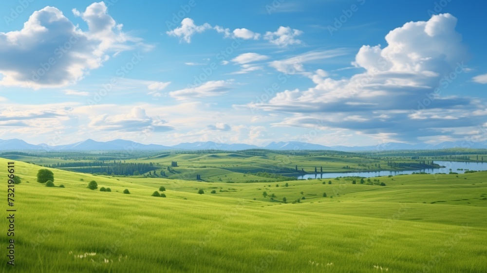 A serene summer landscape in Russia, featuring expansive green fields under a clear blue sky, with fluffy white clouds casting shadows on the picturesque scenery A serene summer landscape in Russia, featuring expansive green fields under a clear blue sky, with fluffy white clouds casting shadows on the picturesque scenery