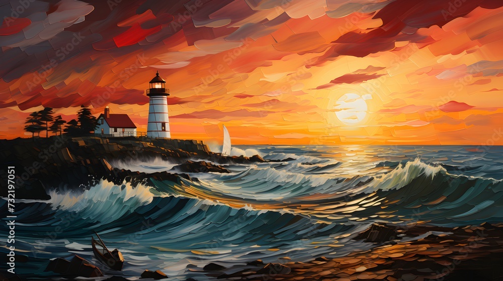 lighthouse at sunset, fiber art