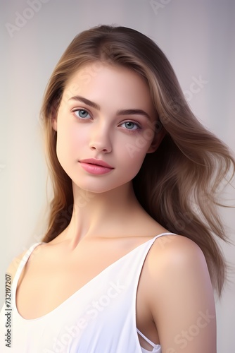 A radiant girl with light makeup, wearing a sleeveless white dress, showcasing flawless skin for a skincare ad against a studio background.